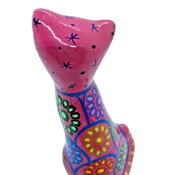 Talavera Pink Ceramic Cat Handmade & Painted Mexican Folk Art Huichol Alebrijes - Picture 7 of 8